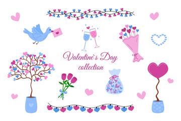 Valentines Day set of design elements isolated. Vector collection of pink and blue love cliparts on white background. Valentine flat hearts, flowers, love tree and garlands