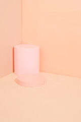 product platform arrangement in pink pastel color in minimalist style. trendy display layout with an empty podium for showcasing cosmetics, skincare, or other products.                               