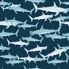 Hammerhead shark seamless pattern in scandinavian style. Marine animals background. Vector illustration for children funny textile. - obrazy, fototapety, plakaty