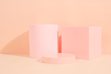 product platform arrangement in pink pastel color in minimalist style. trendy display layout with an empty podium for showcasing cosmetics, skincare, or other products.                               