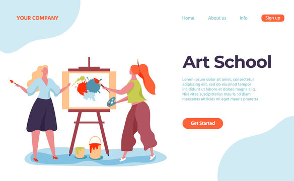 Art school landing web page, artist and teacher. Vector art education school page, class learning illustration concept