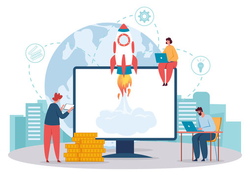 Launch business start up online, team developers. Launch startup company and management teamwork development. Vector illustration