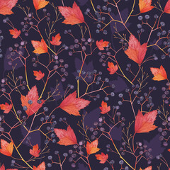 Watercolor seamless pattern of elderberry autumn leaves hand-painted on a dark background.