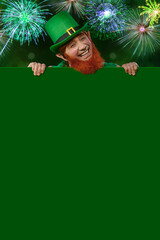 Leprechaun elf on St. Patrick's Day. Cheerful character Irish leprechaun for advertising with a red...