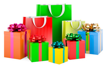 Shopping bags with gift boxes, 3D rendering