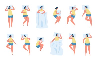Woman sleeping poses, character lying in bed in various sleep positions. Tired girl sleep under blanket, resting head on pillow vector set. Female character in nightwear relaxing at bedtime