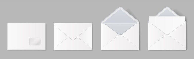 Realistic blank white envelope mockup, open and closed envelopes. Postal letter invitation, paper mail template front and back view vector set for office messages or documents sending - obrazy, fototapety, plakaty