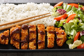 Tori Katsu a popular Japanese comfort food of breaded chicken cutlets served with rice and vegetables salad on the concrete table. Horizontal