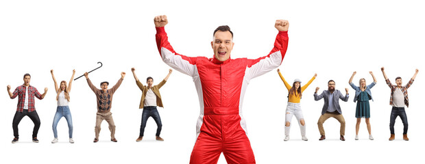 Happy racer and other people behind raising arms