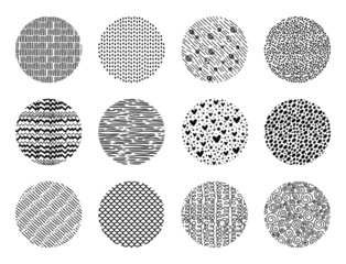Hand drawn circle scribble textures, abstract round shape doodles. Sketch pattern background scribbles with dots or lines vector texture set. Minimalistic repeating design for fabric or wallpaper