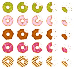 Bitten and half eaten donuts, doughnut pieces with crumbs. Cartoon delicious donut with various toppings, sweet pastry dessert vector set. Yummy bakery snack with glossy cream fasting