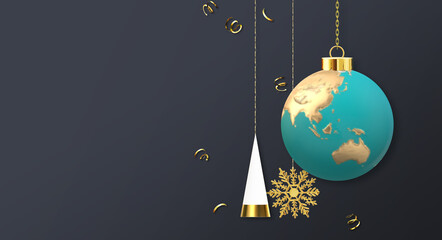 International Christmas New Year greeting. Hanging 3D ball bauble with symbol of globe planet Asia Australia map, Xmas tree on dark blue. Corporate greeting New Year holiday travel card. 3D render © Nelli Polk