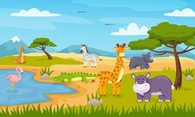 Cartoon wild animals in savannah, african safari wildlife. Cute zebra, crocodile, flamingo, giraffe, savanna landscape vector illustration. Environment with wild nature and cartoon fauna