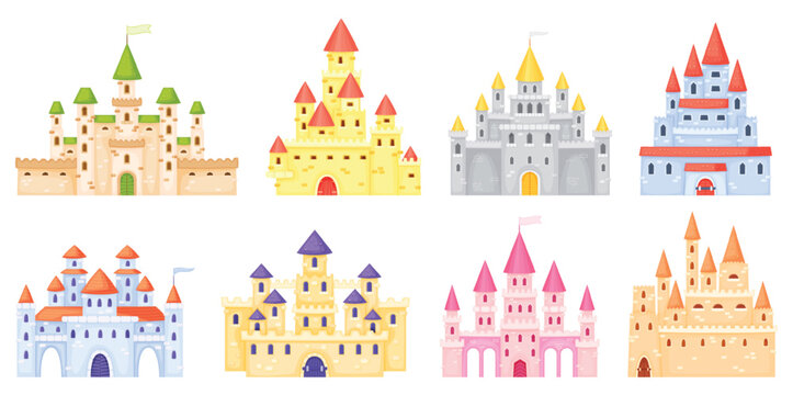 Cartoon medieval castles, fairytale princess castle towers. Fantasy kingdom magic palace, king fortress, gothic mansion exterior vector set. Dream mysterious royal building with gate