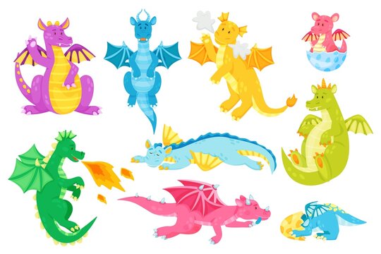 Cartoon fairytale dragon characters, cute baby dragons. Fantasy creature breathing fire, magical flying reptiles, fairy tale animals vector set. Little mythical dinos hatching from egg