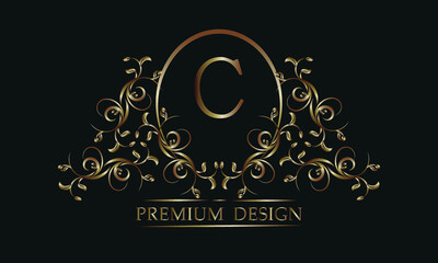 Decorative floral pattern with a letter in the center of A. Bronze elegant frame on a black background. Exclusive monogram, business sign design element, identity for hotel, restaurant, jewelry, fashi