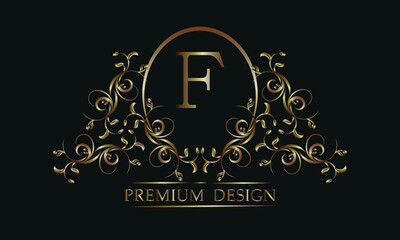 Fototapeta na wymiar Decorative floral pattern with a letter in the center of F. Bronze elegant frame on a black background. Exclusive monogram, business sign design element, identity for hotel, restaurant, jewelry, fashi