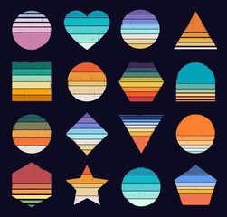 80s retro sunset with grunge texture, abstract vintage sunsets. 1980s style striped gradient sun in different shapes for logo design vector set. Colorful lines in form of heart, star, circle
