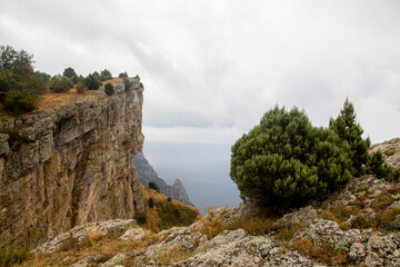 Fototapeta na wymiar Foggy landscape on the rocks beyond the sea