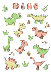 Vector poster with nine cartoon dinosaurs, leaves, stones and lettering “Dino”. Children’s room decor, print, stickers, card.