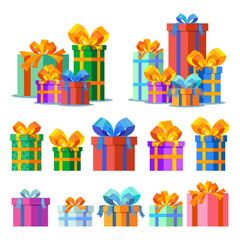 A set of holiday gifts. Boxes with bows. Birthday, New Year, Valentine's Day
