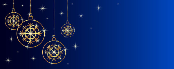 Stylized golden Christmas balls. Christmas blue banner