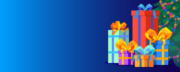 New year banner. Gift boxes near the New Year tree. Empty space for your text 