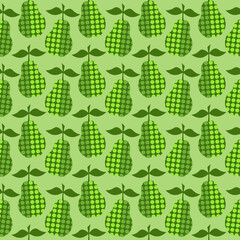 Green pears with a pattern of circles. Fruit pattern. Vector illustration. For covers, prints, packaging, flyers, fabrics, the fashion industry and shops.