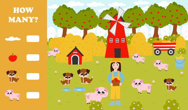 Counting game for kids with farm animals - pigs, farmer girl gathering apples in apple tree garden, dogs and doghouse