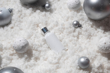 white snow background with lifestyle, cosmetic makeup bottle lotion cream product mockup with beauty fashion skincare for merry christmas festival gift
