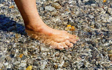 Female feet on the seashore.