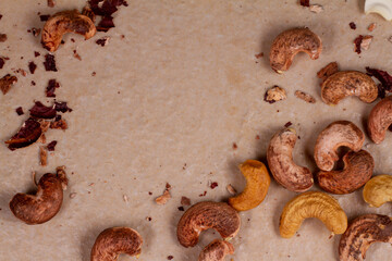cashews isolated on light background. Top view. Flat lay