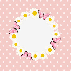 Cute pink polka dot background with butterflies and daisies