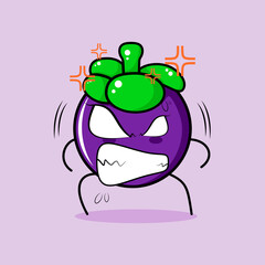 cute mangosteen character with angry expression. eyes bulging and grinning. suitable for emoticon, logo, mascot and sticker. green and purple