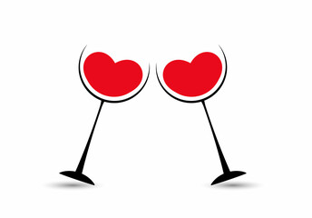 Wine glasses with hearts. Happy Valentines day.Just Married for wedding design card and invitation.Vector illustration