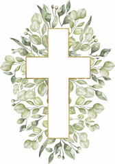 Watercolor hand painted  Floral Cross Clipart, Easter Religious greenery illustration,  Baptism Cross clip art,  Holy Spirit clipart, golden frame, wedding