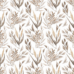 Fototapeta na wymiar Seamless watercolor dried herbs pattern in trendy neutral colors. Delicate Florals, Hand drawn repeat paper. Beige floral endless paper.