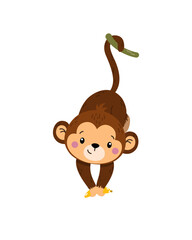 Swinging happy monkey. Animal updown on tropical tree. African characters. Exotic, zoo, nature, fresh air and outdoor. Sticker or badge. Cartoon flat vector illustration isolated on white background