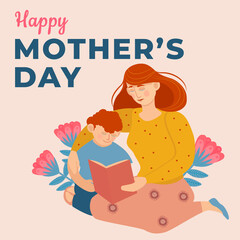 Mom and son. Happy Mothers Day, international holiday. Design of greeting cards, posters and banners. Parent reads book with boy, teaching children, care and love. Cartoon flat vector illustration