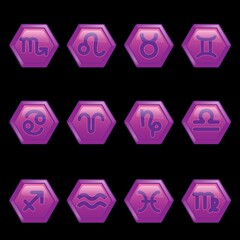 Set of zodiac signs vector illustration. Purple icons isolated on black background