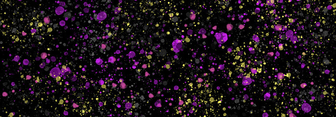 Purple, yellow and gray specks of watercolor on a black background. Watercolor blurred background. Illustration.