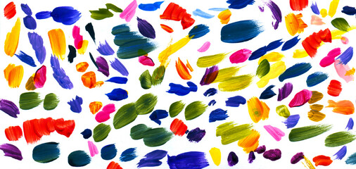 Chaotic brush strokes with multicolored gouache or watercolors on a white background. Colorful abstract background. Illustration.