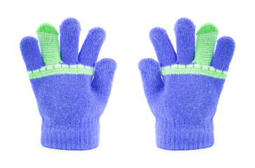 Children's woolen patterned knitted mittens isolated on white