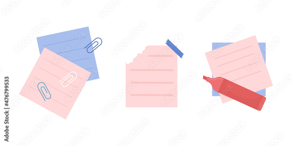Aufkleber tasks on note papers semi flat color vector object set. writing with marker. realistic item on white