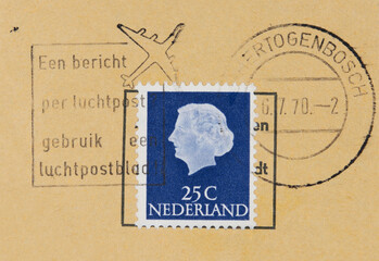 briefmarke stamp vintage retro alt old gestempelt used frankiert cancel papier paper flugzeug slgoan werbung holändisch dutch nederland niederlande netherlands blau profile kopf head 25c nachricht