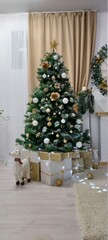 Christmas tree decorated with designer toys in the living room of a residential building.