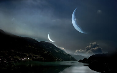 Two fantasy new moons above lake and hills - 476800771