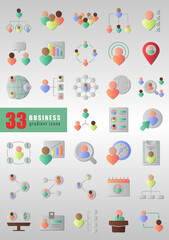 33 business icons in gradient style with shadow. Symbols for e-commerce, accounting, banking, finance, office, money, contact, social, network, audit, media, infographic, etc. Vector EPS 10