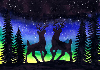 Silhouettes of two deer against the background of a northern lights in the winter evening. Children's drawing