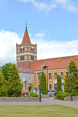 Fototapeta premium PRAVDINSK, RUSSIA - JUNE 17, 2015: A fragment of the square of the 50th anniversary of the Victory with a tower in the background. Kaliningrad region